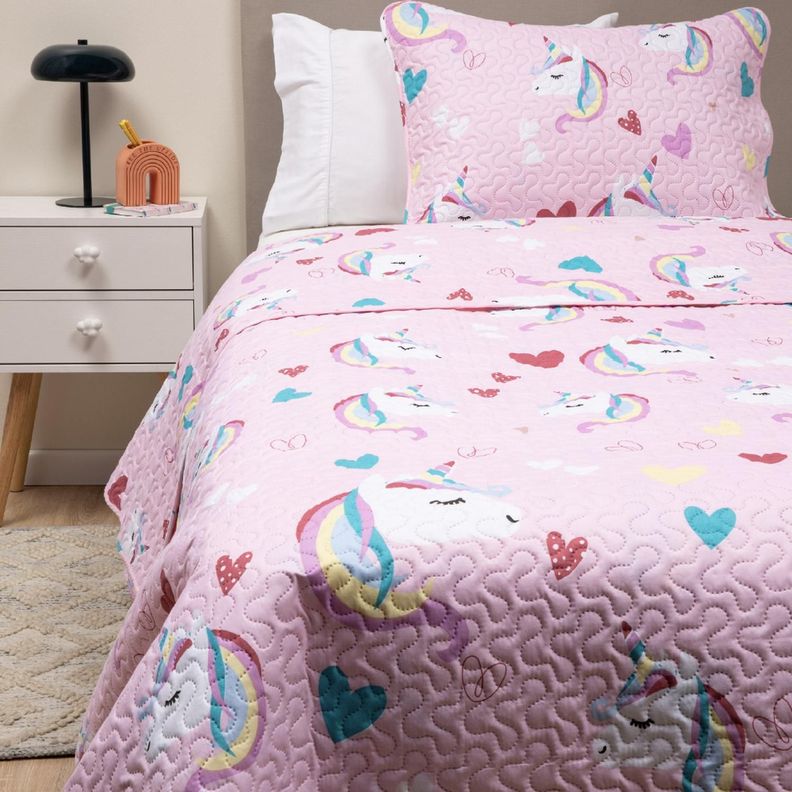 Cubrecama Quilt Reversible+funda Almohada 1,5P Nino Nina Rosado