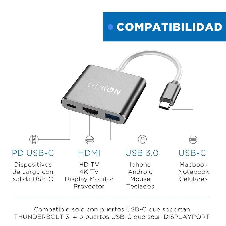 Hub Adaptador Usb Tipo C 3 En 1 Linkon Hdmi Para Macbook-5