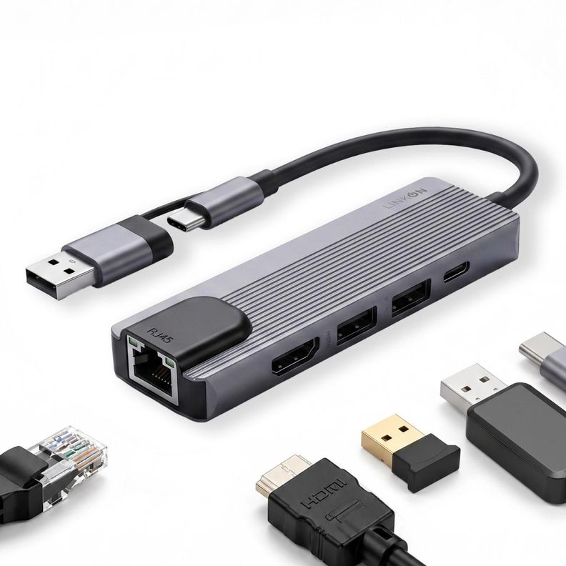 Hub Adaptador Usb C RJ45 5 en 2 Linkon Para Mac Windows