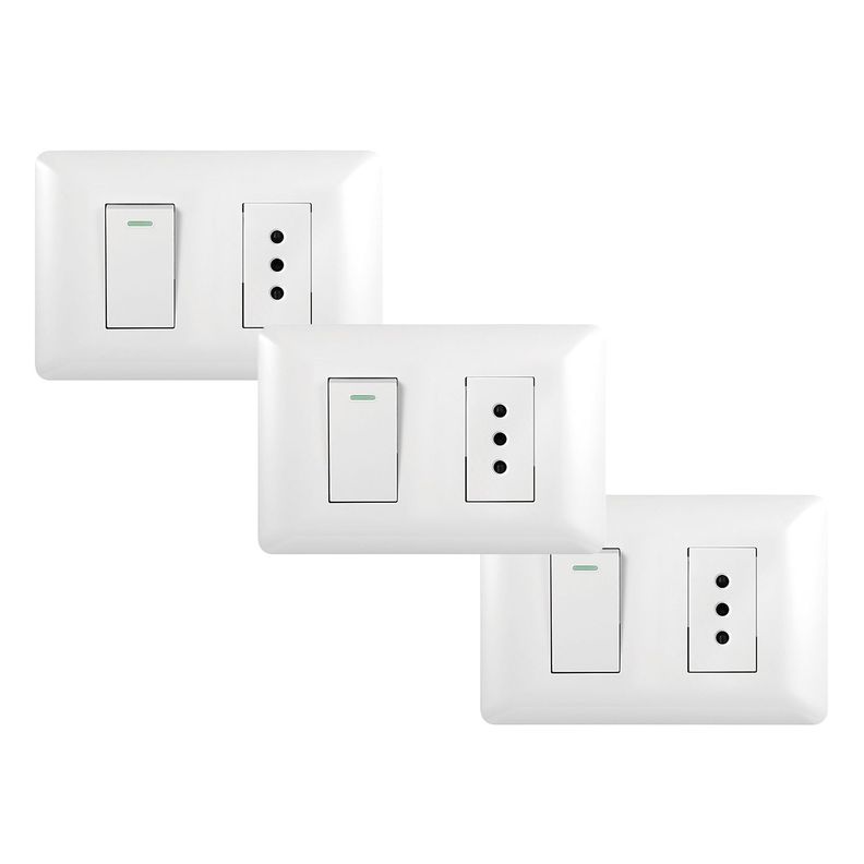 Pack 3 Tomacorriente Simple 10A 250V + Interruptor Simple 9/12 10A 250V Blanco-0
