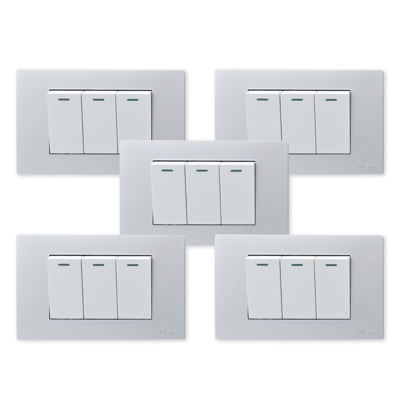 Pack 5 Interruptores Triple Metálico 9/12 16A - Gris/ Blanco-0