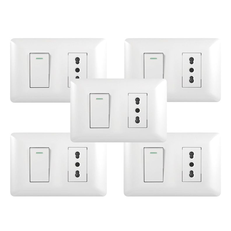 Pack 5 Tomacorriente Simple 10/16A 250V + Interruptor Simple 9/12 10A Blanco-0
