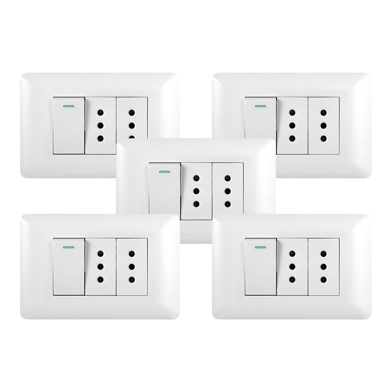 Pack 5 Tomacorriente Doble 10A 250V + Interruptor Simple 9/12 10A 250V Blanco-0