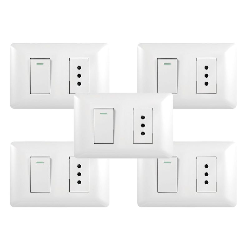 Pack 5 Tomacorriente Simple 10A 250V + Interruptor Simple 9/12 10A 250V Blanco-0