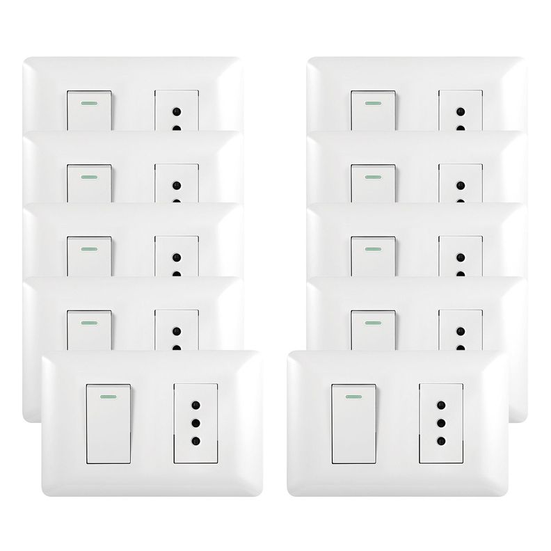 Pack 10 Tomacorriente Simple 10A 250V + Interruptor Simple 9/12 10A 250V Blanco-0