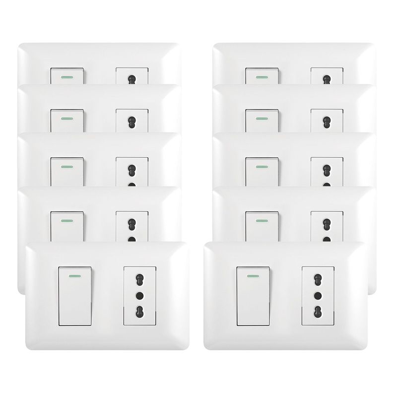Pack 10 Tomacorriente Simple 10/16A 250V + Interruptor Simple 9/12 10A Blanco-0