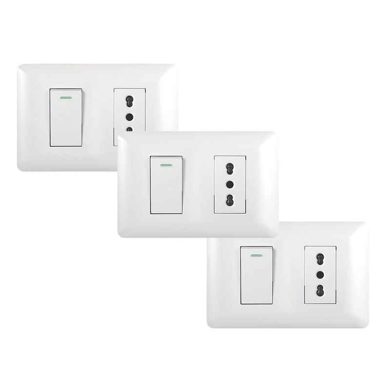 Pack 3 Tomacorriente Simple 10/16A 250V + Interruptor Simple 9/12 10A Blanco-0