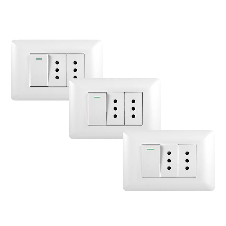Pack 3 Tomacorriente Doble 10A 250V + Interruptor Simple 9/12 10A 250V Blanco-0