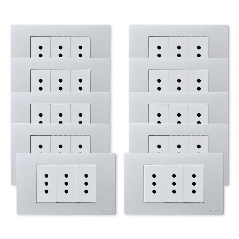 Pack 10 Tomacorriente Triple Metálico 10A - Gris/ Blanco-0