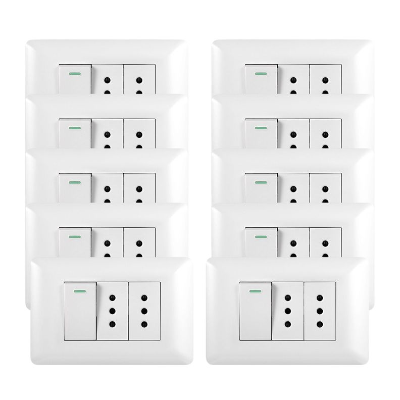Pack 10 Tomacorriente Doble 10A 250V + Interruptor Simple 9/12 10A 250V Blanco-0