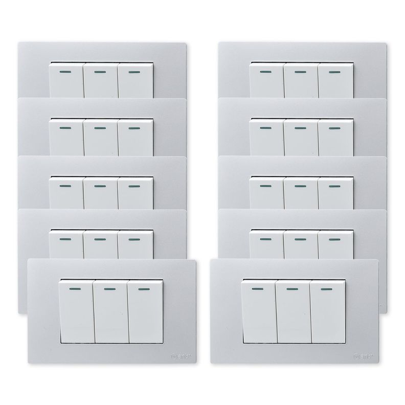 Pack 10 Interruptores Triple Metálico 9/12 16A - Gris/ Blanco-0