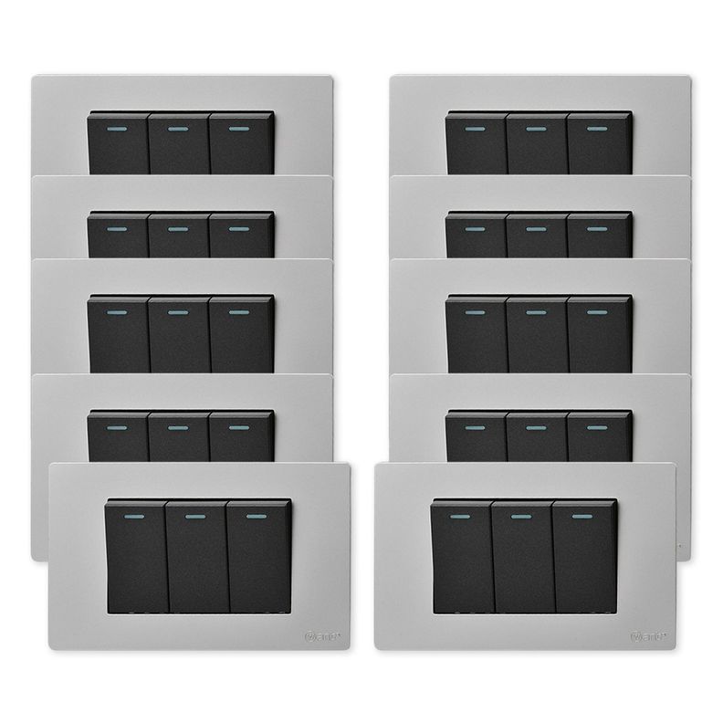 Pack 10 Interruptores Triple Metálico 9/12 16A - Gris/ Negro-0