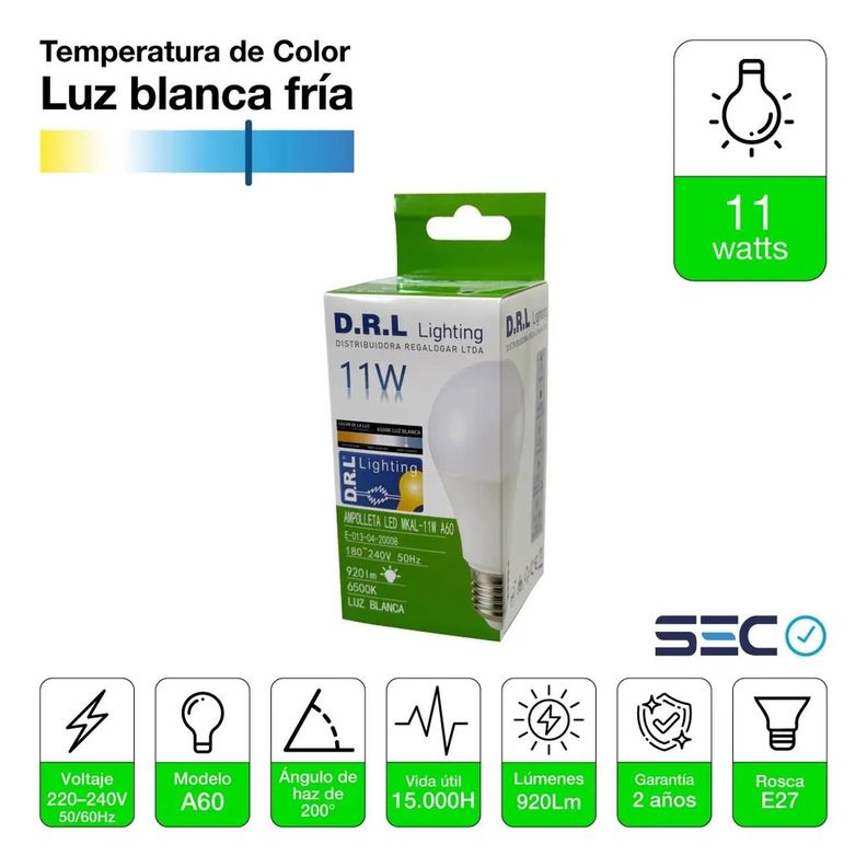 Pack 10 Ampolletas Led Drl 11w 920lm Calida O Blanca Frio