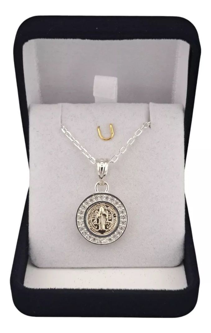 MEDALLA SAN BENITO PLATA 925 Y ORO 14k CON CIRCONES + CADENA LIMADA-0