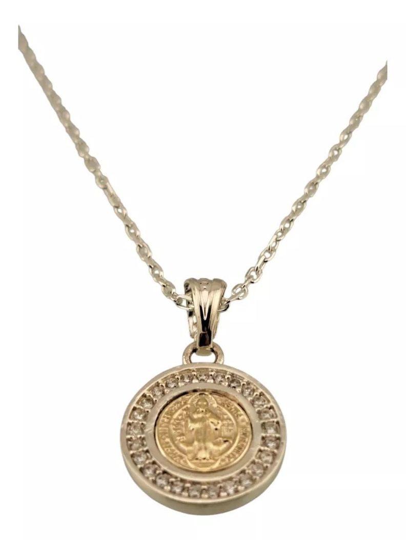 MEDALLA SAN BENITO PLATA 925 Y ORO 14k CON CIRCONES + CADENA LIMADA-1