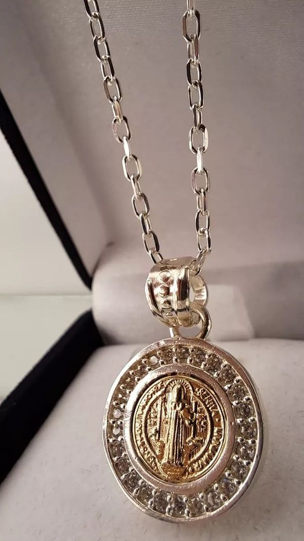 MEDALLA SAN BENITO PLATA 925 Y ORO 14k CON CIRCONES + CADENA LIMADA-2