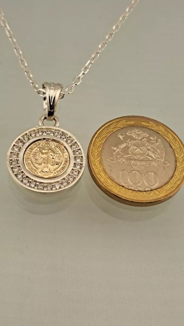 MEDALLA SAN BENITO PLATA 925 Y ORO 14k CON CIRCONES + CADENA LIMADA-3