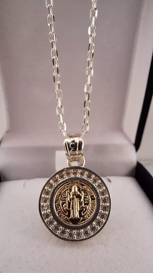 MEDALLA SAN BENITO PLATA 925 Y ORO 14k CON CIRCONES + CADENA LIMADA-5
