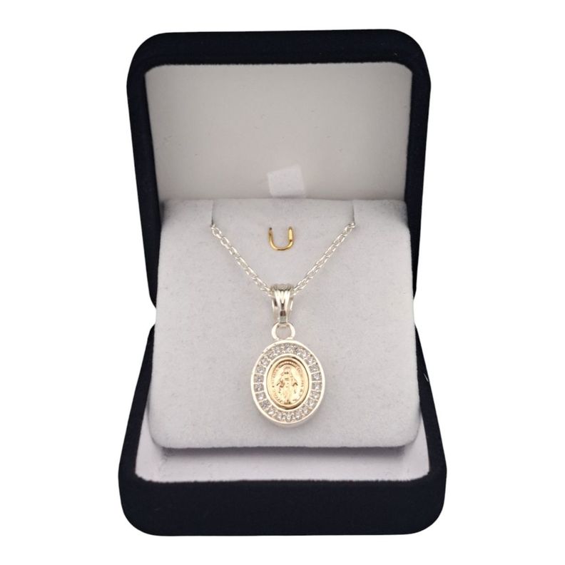 colgante virgen de los rayos con enchape oro 14 k mas cadena -0