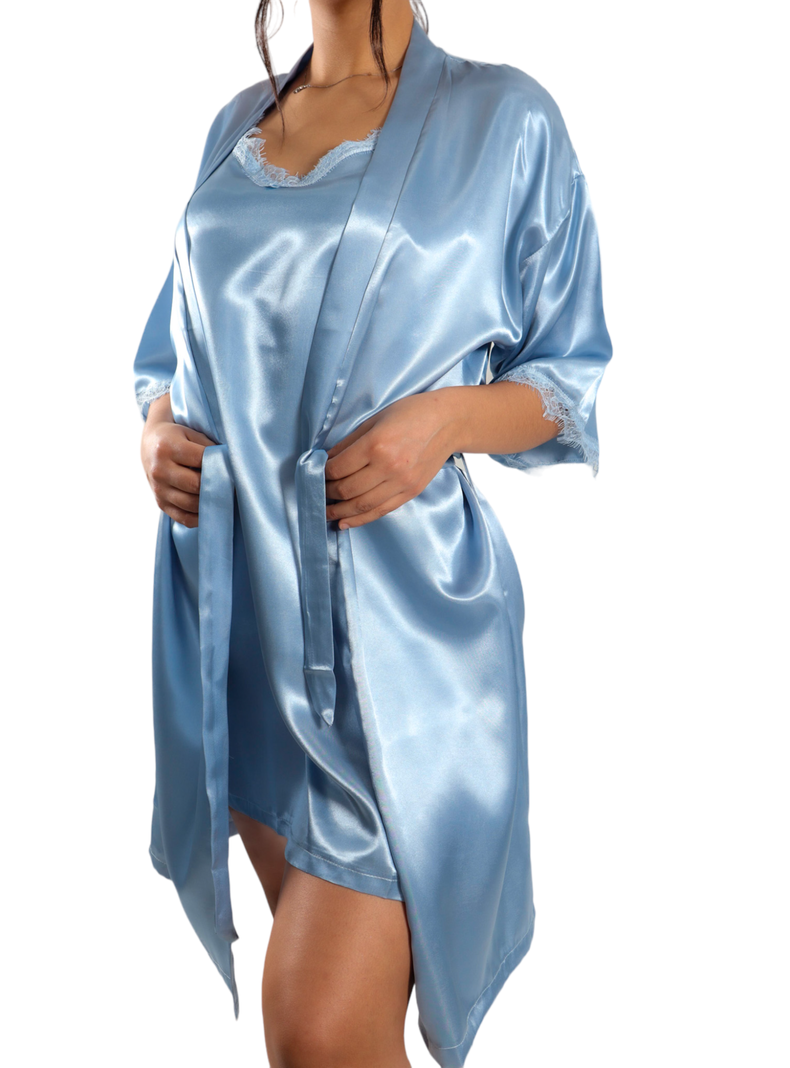 Pijama Camisola Corta de Tirantes Y Bata Satinada  Diseño Color Liso-1