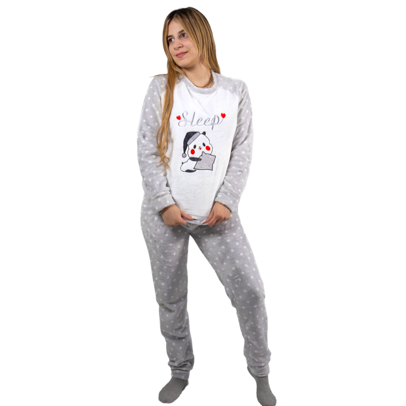Pijama Polar Suave Mujer Diseño Osito Panda Lunares-1