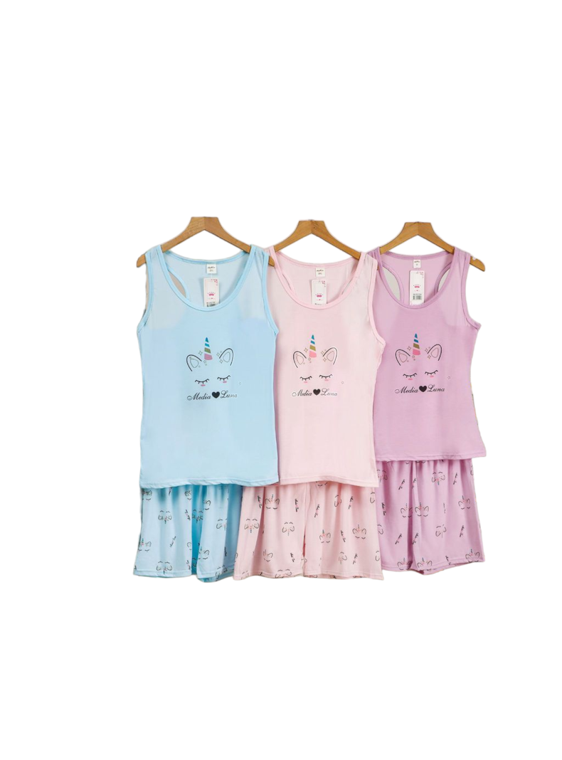 Pijama Mujer Polera Sin Mangas y Short Diseño Unicornio Media Luna-1