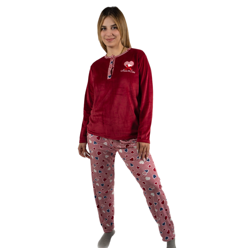 Pijama Media Luna Mujer Plush Manga Larga Diseño Corazón-0