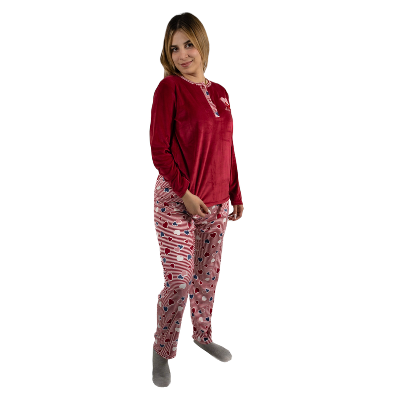 Pijama Media Luna Mujer Plush Manga Larga Diseño Corazón-1
