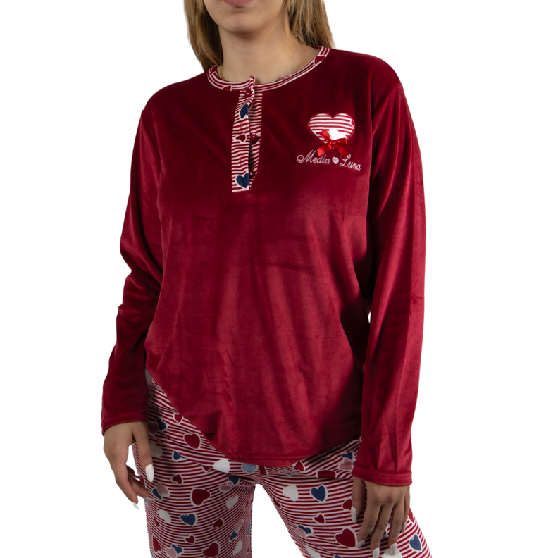 Pijama Media Luna Mujer Plush Manga Larga Diseño Corazón-3