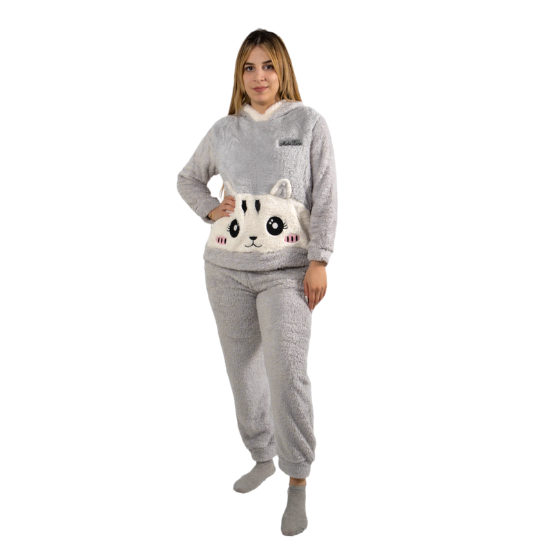 Pijama Mujer Polar Sherpa con Capucha  Diseño Gatita Kawai-1