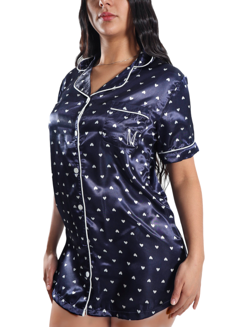 Pijama Camisa Corta Satinada Diseño Corazones-1