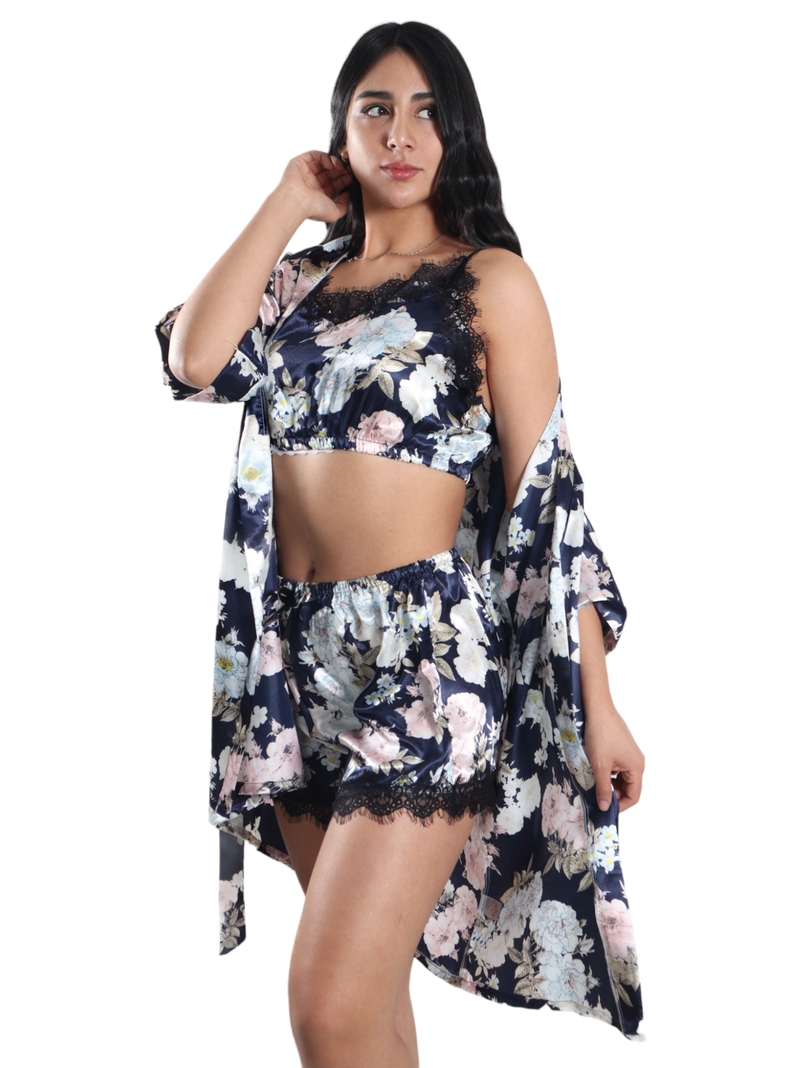 Pijama Crop Top con Short  Y Bata Satinada Diseño Floreado-2