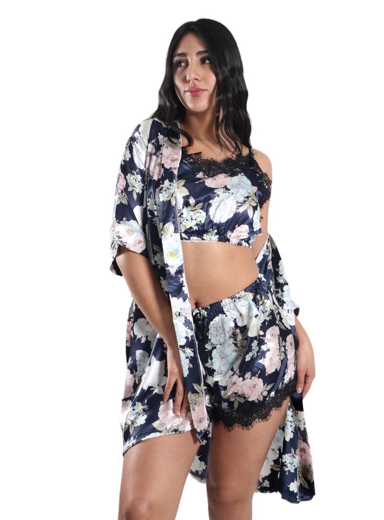 Pijama Crop Top con Short  Y Bata Satinada Diseño Floreado-1