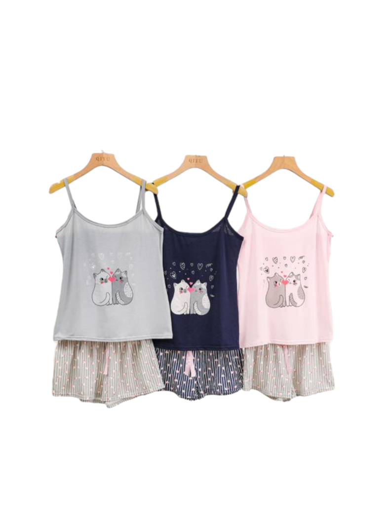 Pijama Mujer Polera de Tirantes y Short Diseño Gatitos Amorosos-1