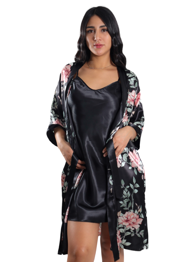 Pijama Camisola Corta de Tirantes Y Bata Satinada Diseño Floreado-1