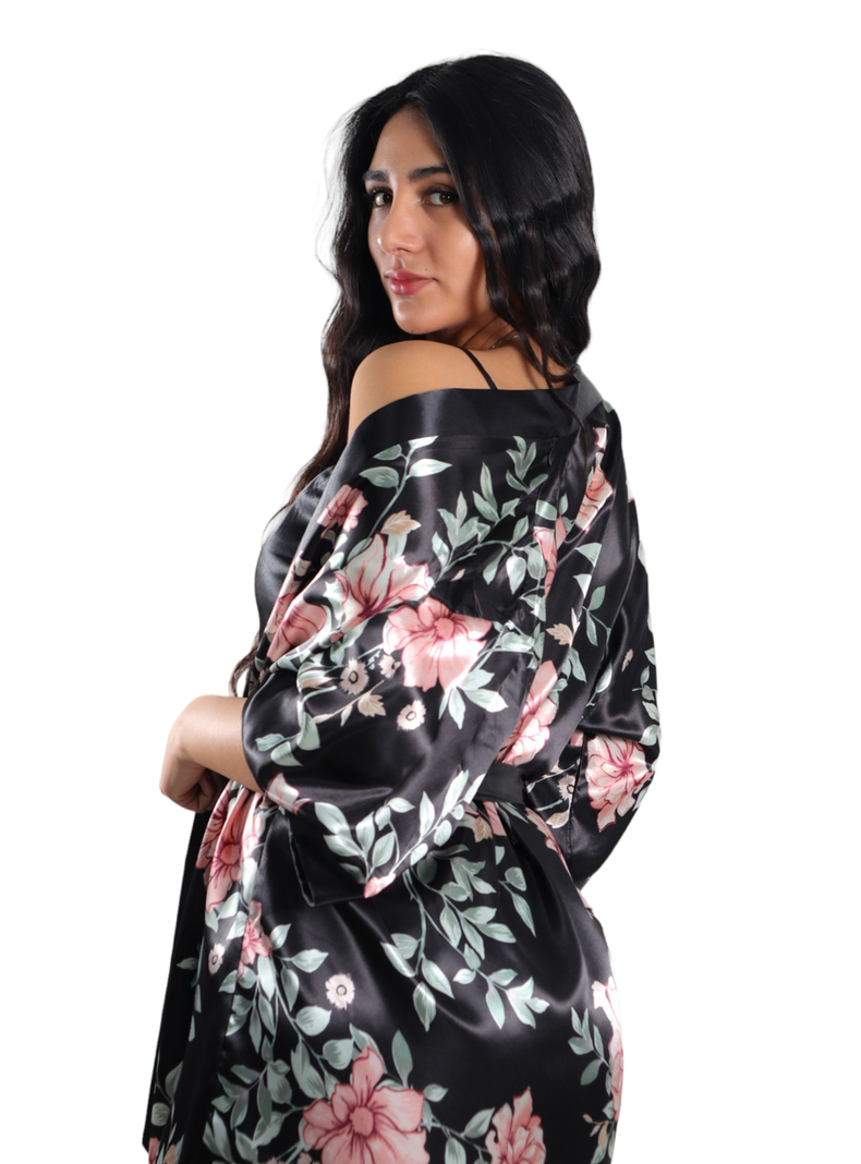 Pijama Camisola Corta de Tirantes Y Bata Satinada Diseño Floreado-2
