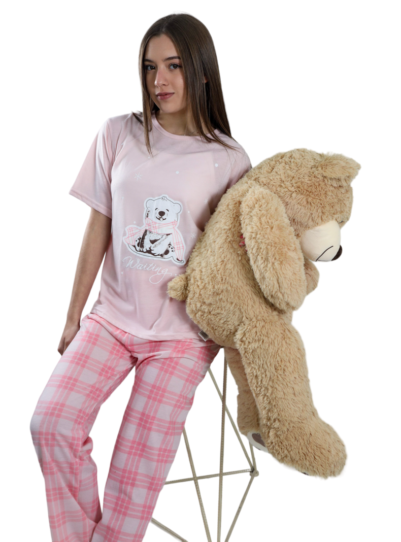 Pijama Mujer Polera Manga Corta y Pantalón Diseño Oso Polar Escosés-1