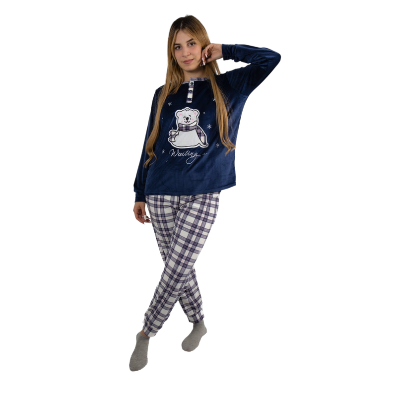 Pijama Media Luna Mujer Plush Manga Larga Diseño Oso Polar Escosés-1