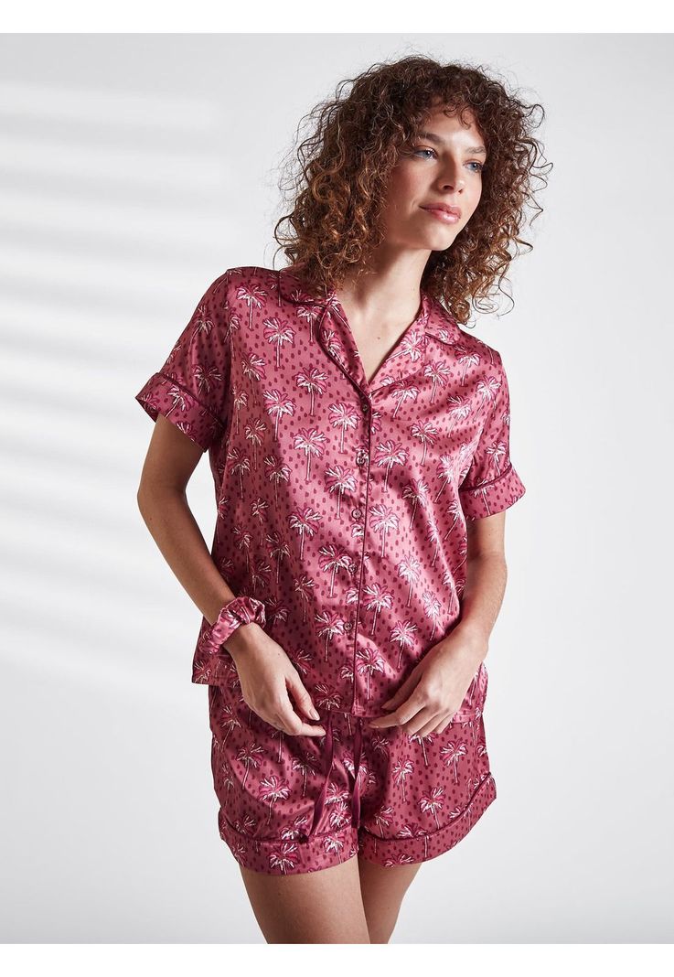Set Pijama Camisero Satinado Palmeras Burdeo XS