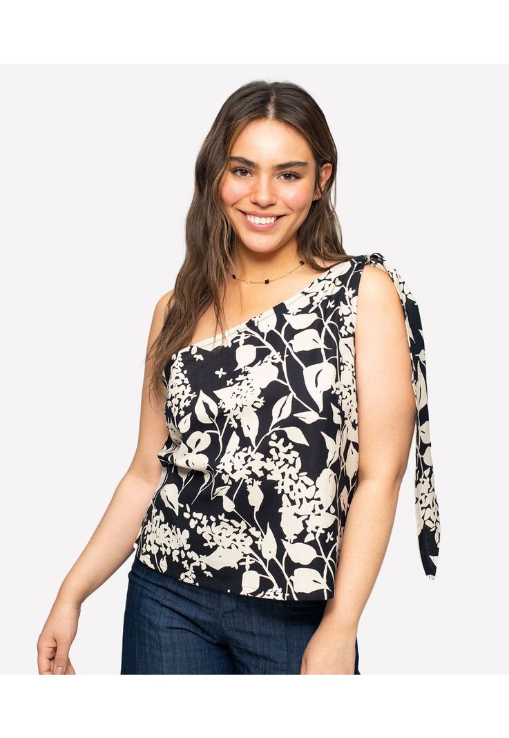 Blusa Mujer Un Hombro Abstract Black Flower-2