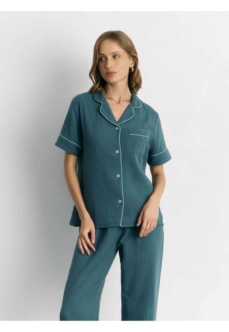 Pijama Camisero Gauze Verde XS
