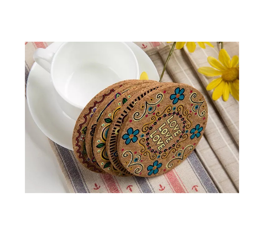 Posavasos Estilo Hippie, de Corcho, Amor y Paz, Pack 4-3