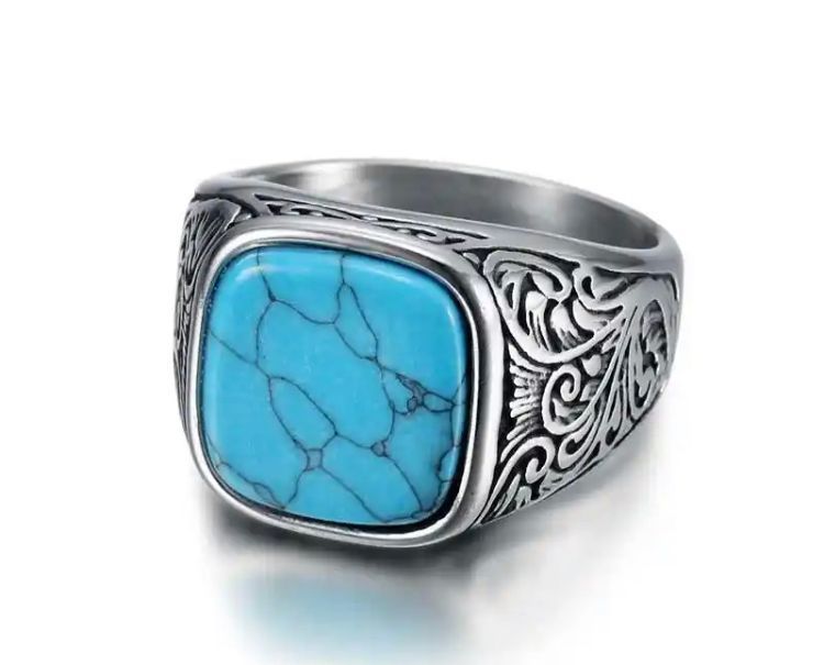 Anillo Hombre Con Joya Cuadrada Turquesa Y Acero Inoxidable-1