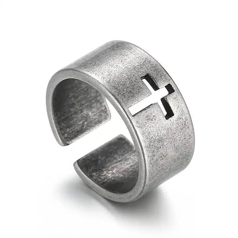 Anillo De Cruz Hombre Acero Inoxidable, Plateado Ajustable-0