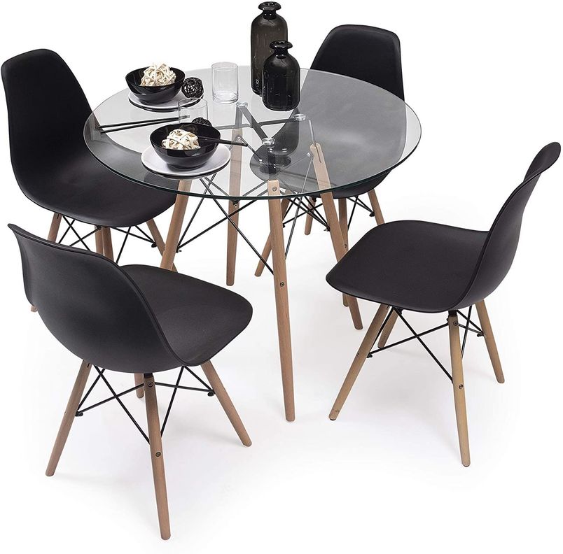 Comedor Redondo de Vidrio 80cm + 4 Sillas Eames Negro-0