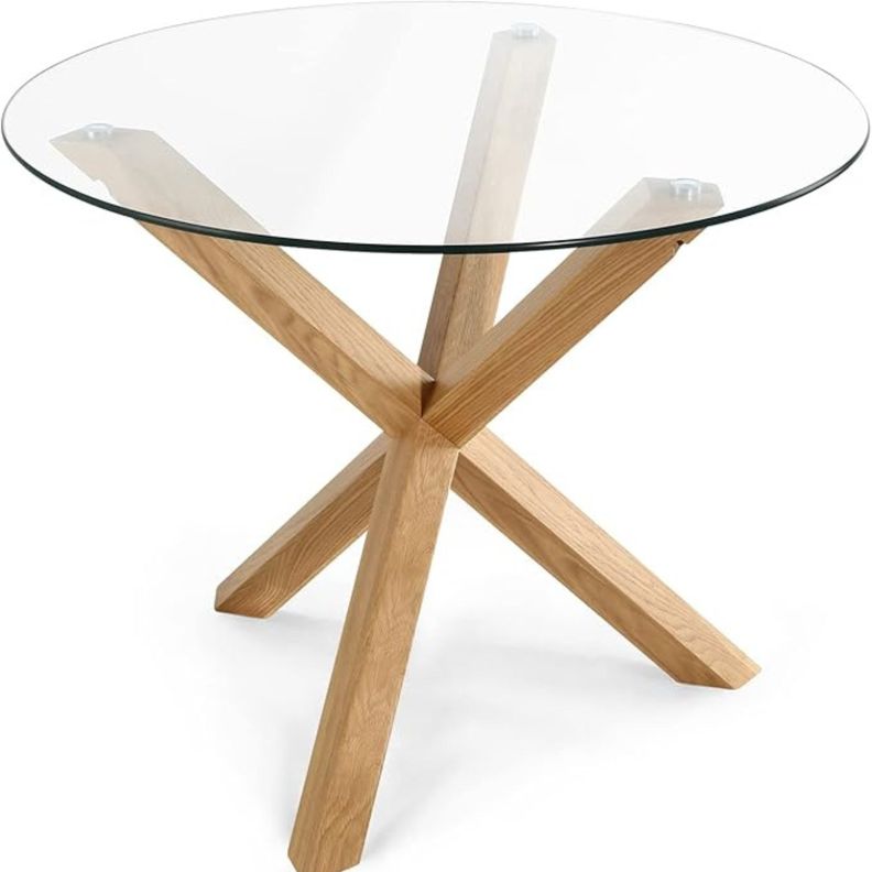 Mesa Redonda de Vidrio Natura 120cm de Diámetro (Base de Madera Solida)-0