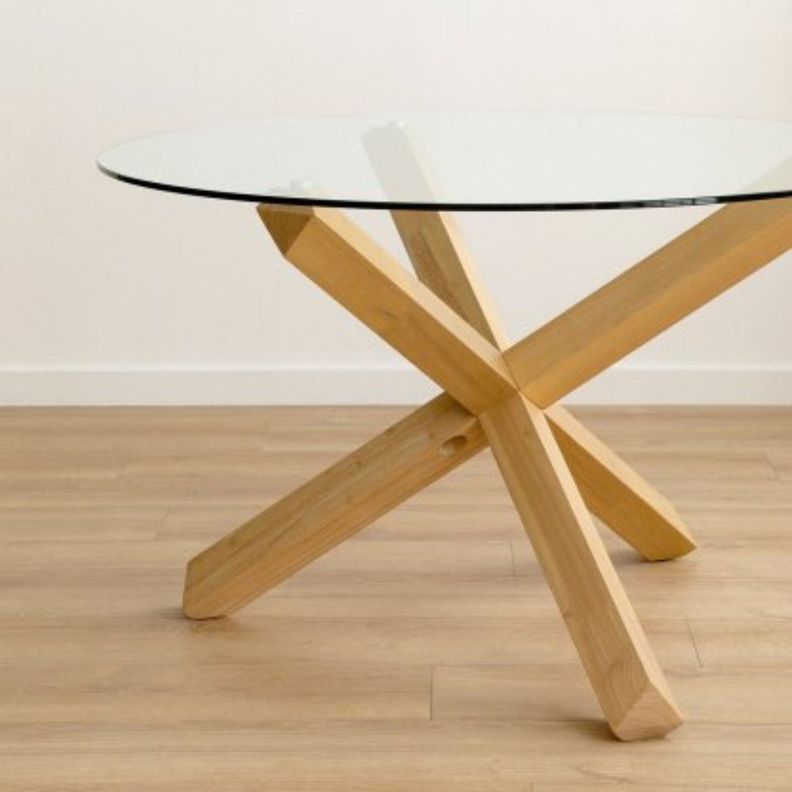 Mesa Redonda de Vidrio Natura 120cm de Diámetro (Base de Madera Solida)-1