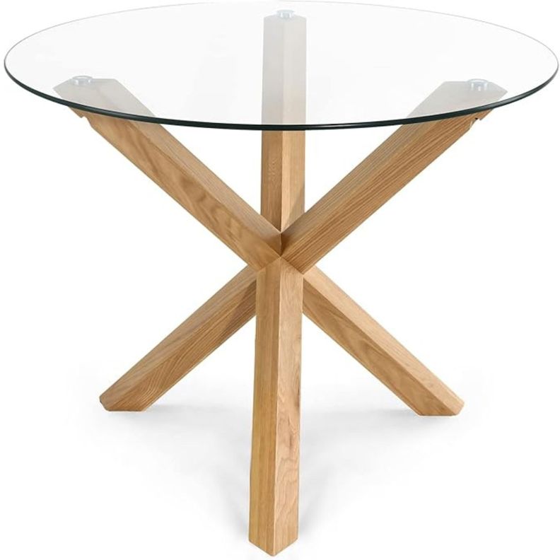 Mesa Redonda de Vidrio Natura 120cm de Diámetro (Base de Madera Solida)-3