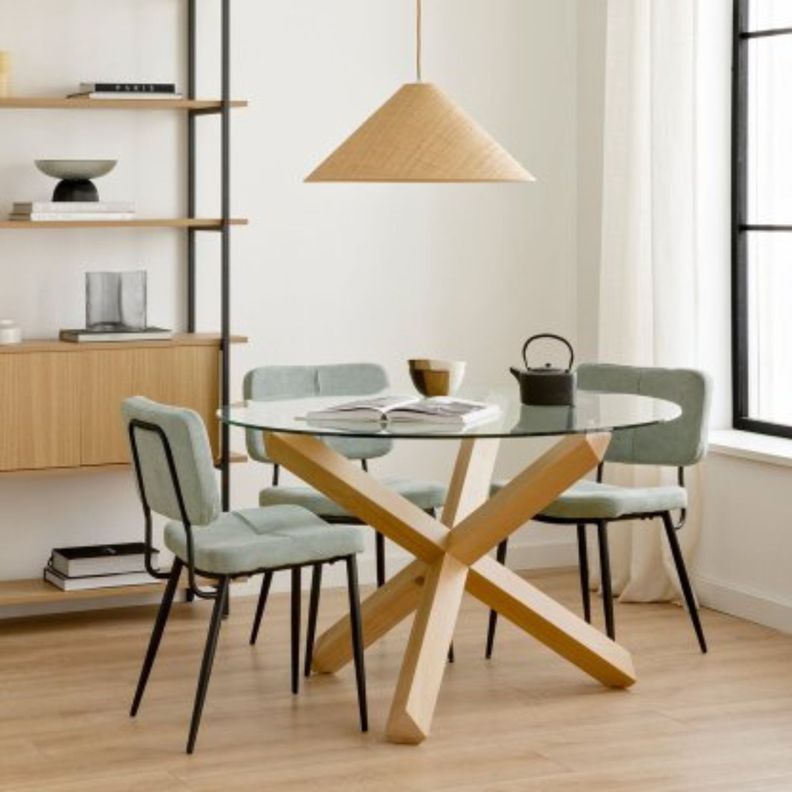 Mesa Redonda de Vidrio Natura 120cm de Diámetro (Base de Madera Solida)-4