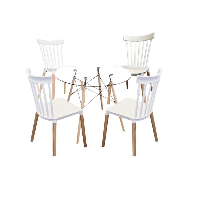 Comedor Redondo de Vidrio 80cm + 4 Sillas Windsor Blanco -0